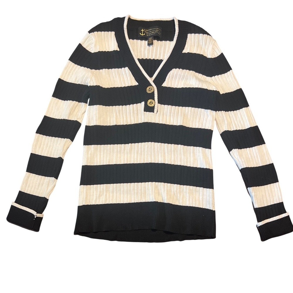 LAUREN JEANS COMPANY Ralph Lauren Striped Ribbed V Neck Button Henley Sweater M‎